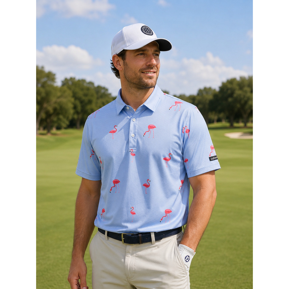 Golf Gods Mens Polo Shirt Size M Blue Pink Flamingo Performance Cool Tech Sport
